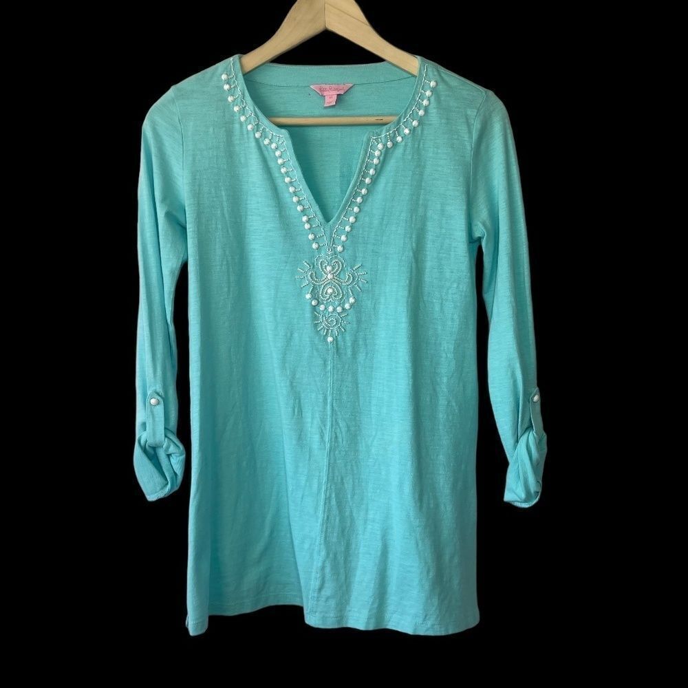 Lilly Pulitzer Soft Aqua Blue Beaded/Embroidered‎ Trim Tunic Sz XS